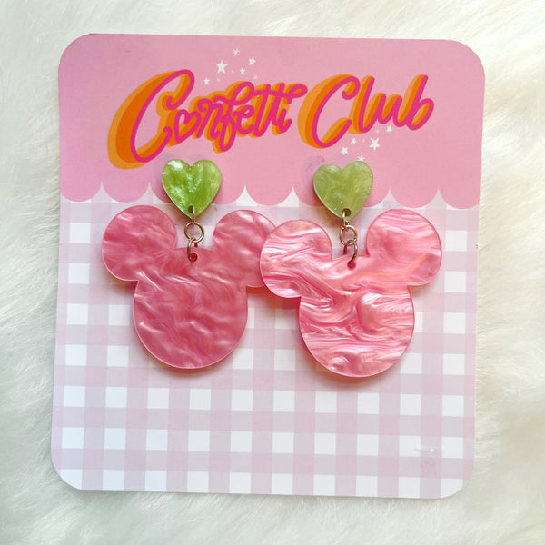 Pink & Green Mouse Heart Earrings