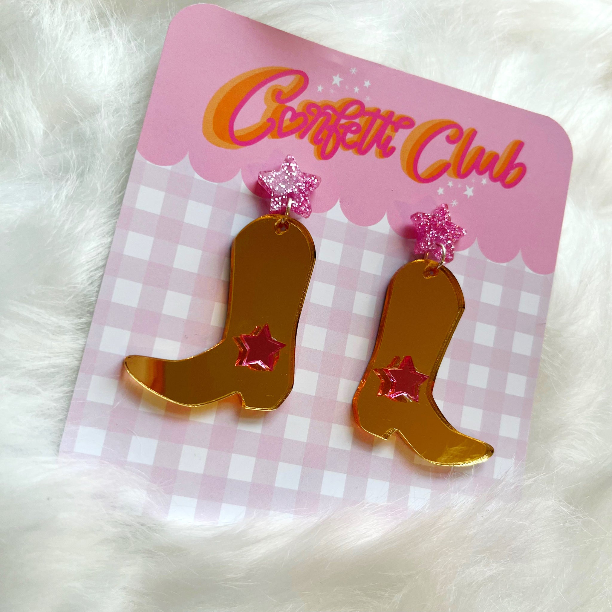 Gold & Pink Glitter Cowboy Boot Earrings