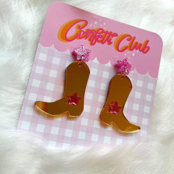 Gold & Pink Glitter Cowboy Boot Earrings