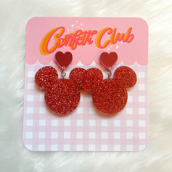 Orange Glitter Mouse Heart Earrings
