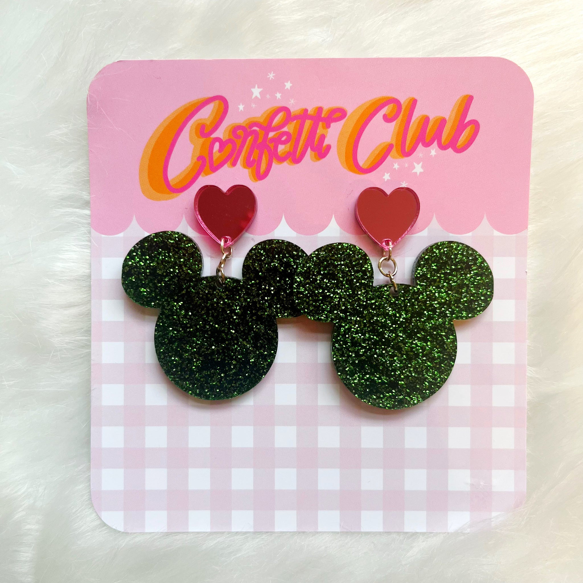 Green Glitter Mouse Heart Earrings