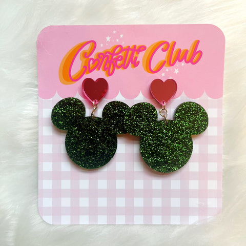 Green Glitter Mouse Heart Earrings