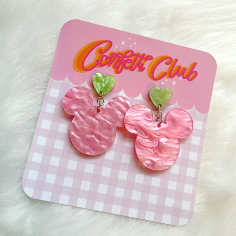 Pink & Green Mouse Heart Earrings