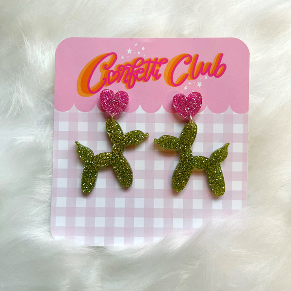 Green & Pink Glitter Balloon Dog Earrings
