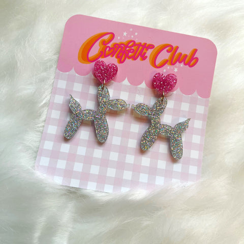 Silver Holographic & Pink Glitter Balloon Dog Earrings