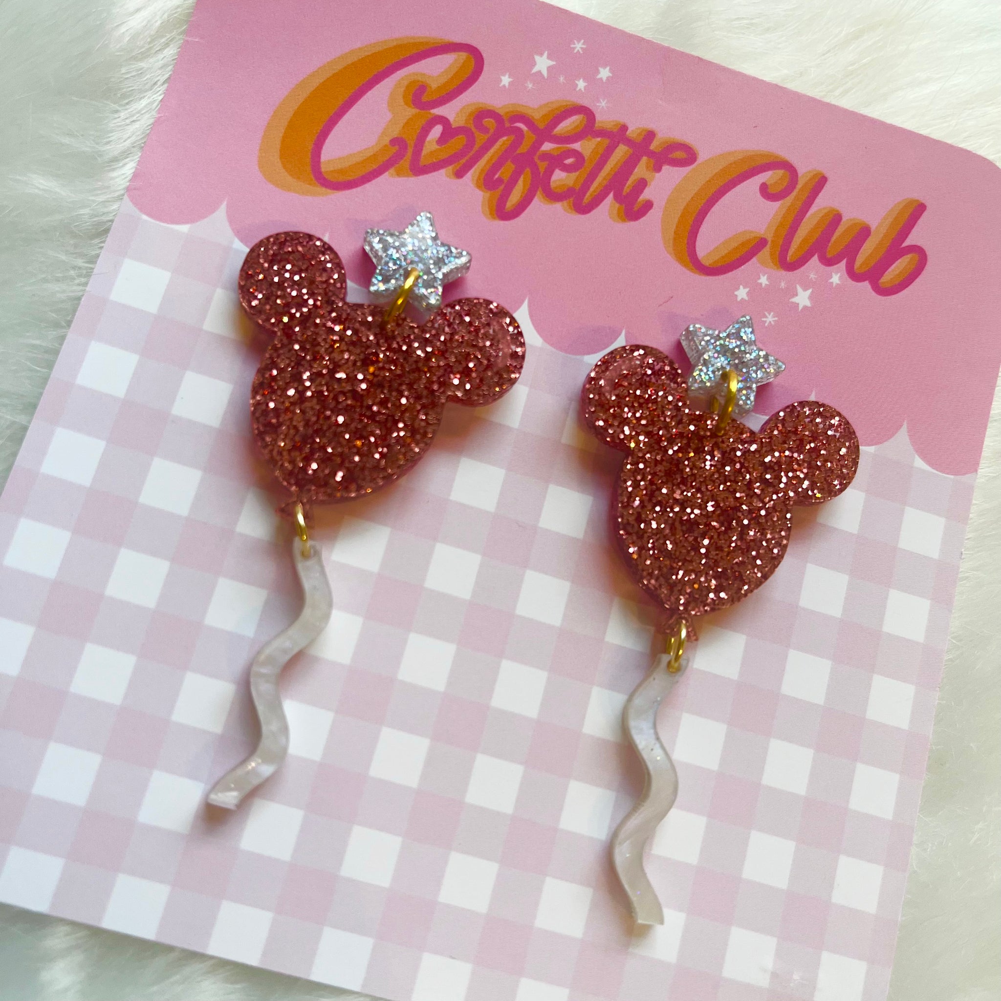 Mouse Balloon Dusky Pink Glitter Star Earrings
