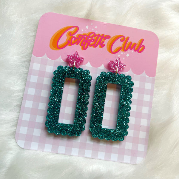 Turquoise & Pink Glitter Scallop Earrings