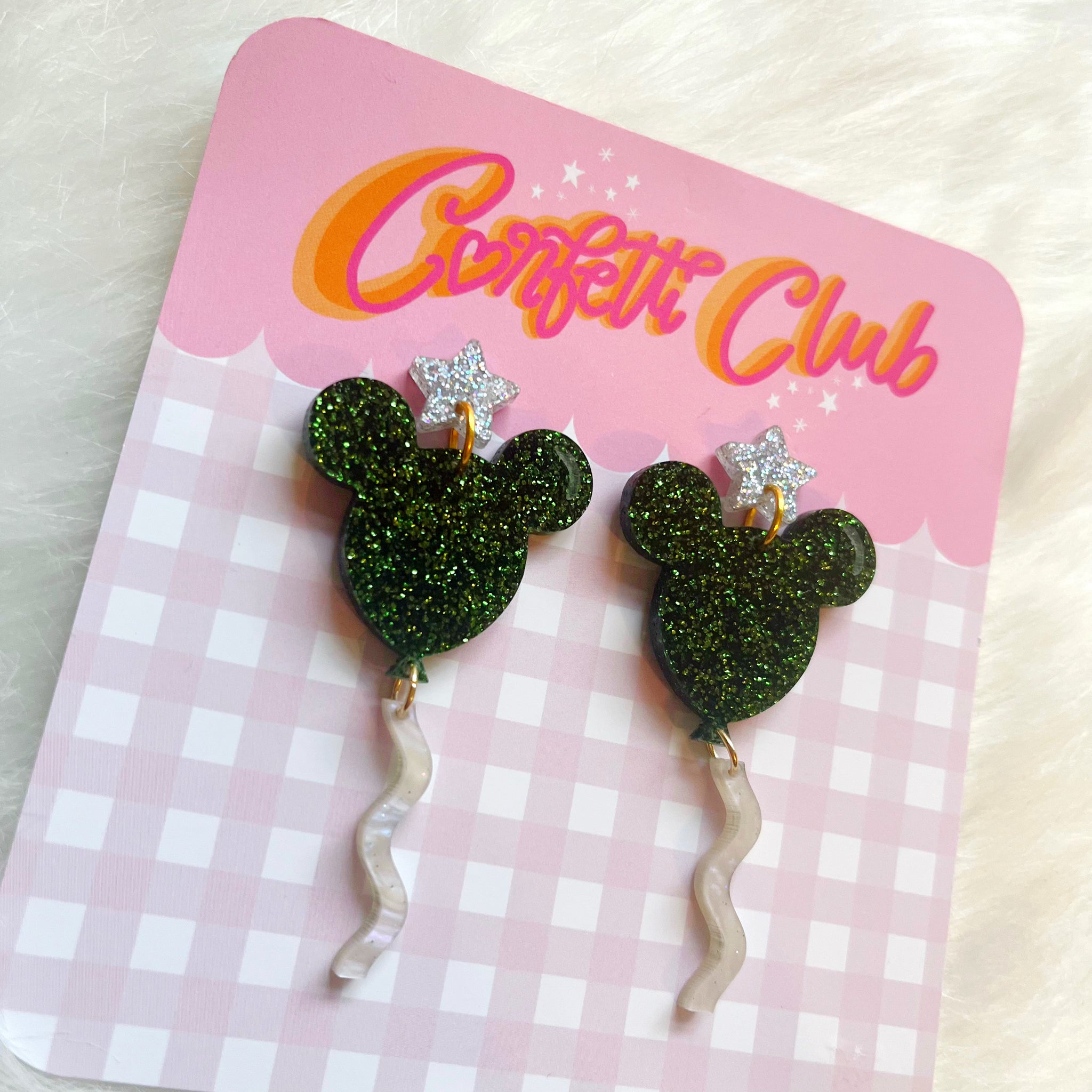 Mouse Balloon Green Glitter Star Earrings