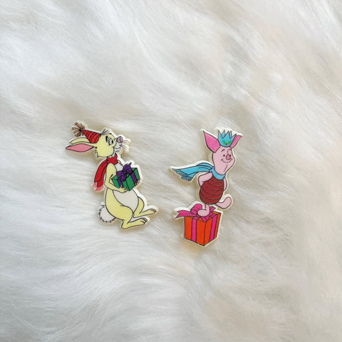 Piglet & Rabbit Vintage Christmas Badge Set