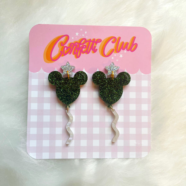 Mouse Balloon Green Glitter Star Earrings