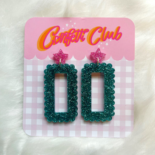 Turquoise & Pink Glitter Scallop Earrings