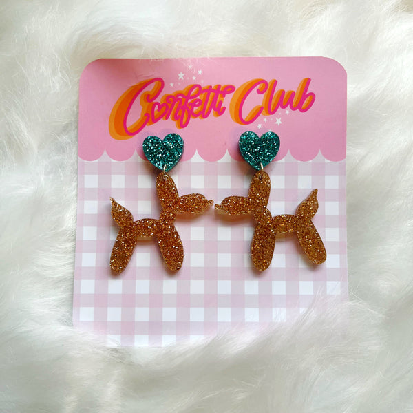 Gold & Turquoise Glitter Balloon Dog Earrings