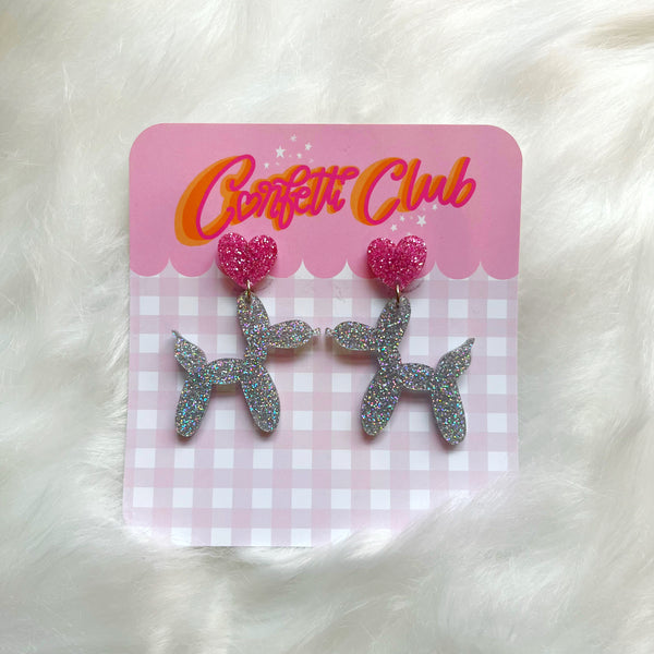 Silver Holographic & Pink Glitter Balloon Dog Earrings