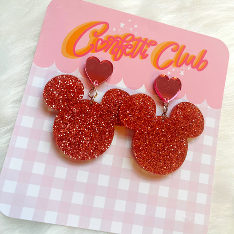 Orange Glitter Mouse Heart Earrings