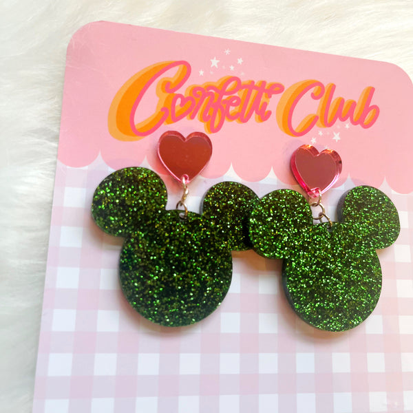 Green Glitter Mouse Heart Earrings
