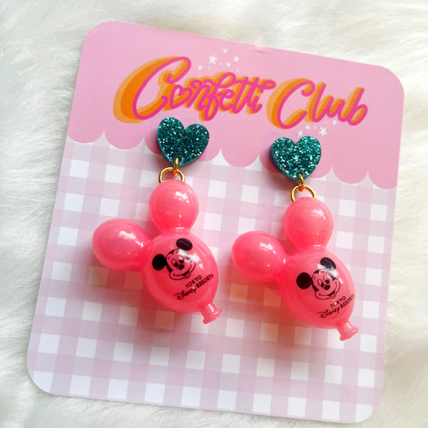 Pink Mouse Balloon Heart Earrings