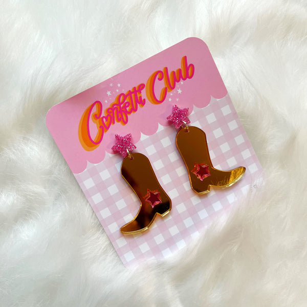 Gold & Pink Glitter Cowboy Boot Earrings