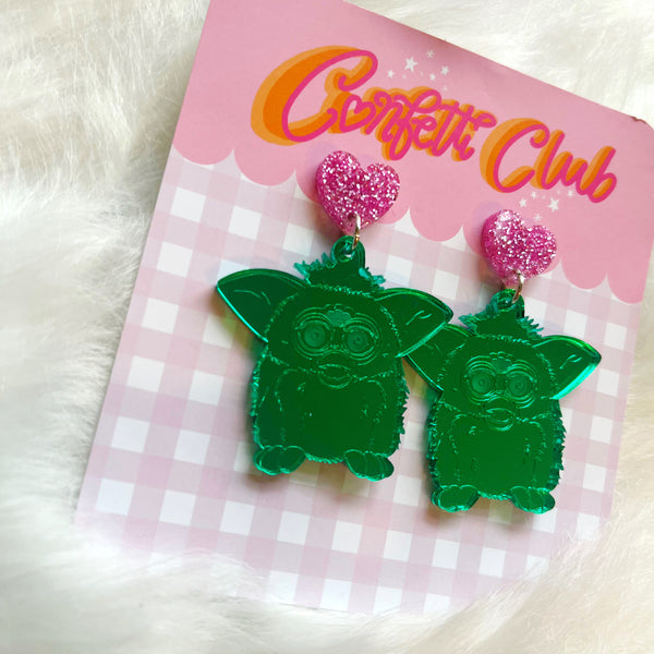 Green Furby Heart Earrings