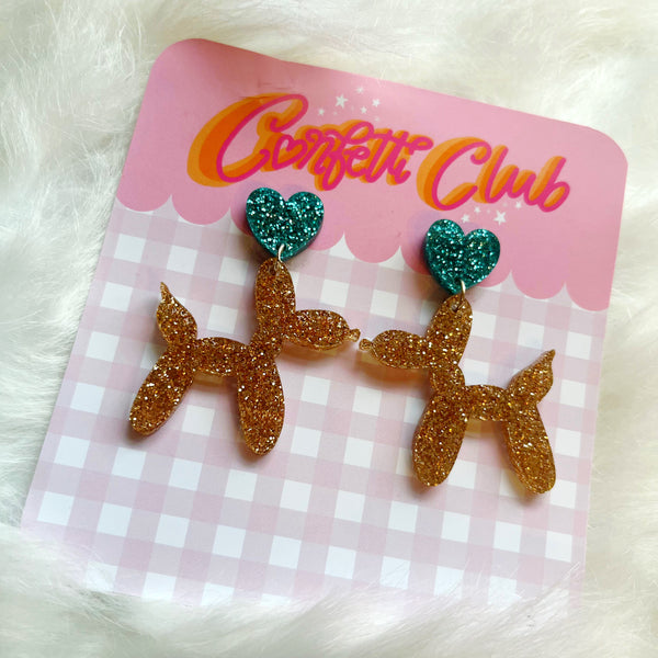 Gold & Turquoise Glitter Balloon Dog Earrings