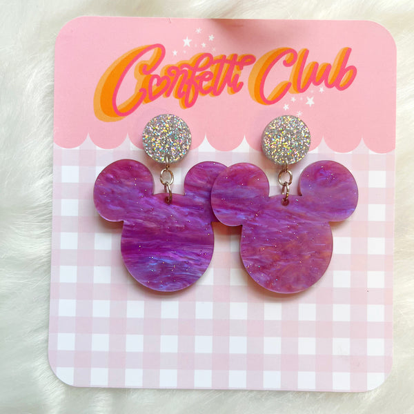 Purple Glitter Mouse Earrings