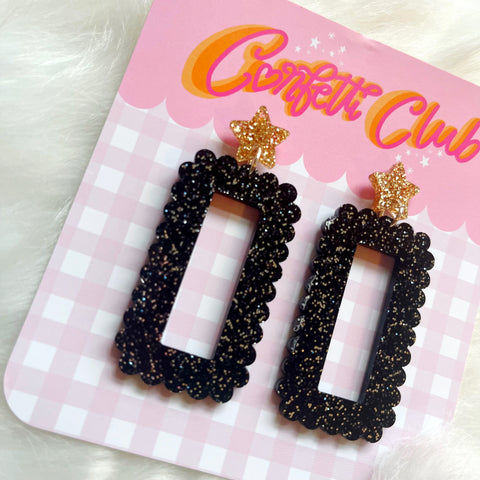Black & Gold Glitter Scallop Earrings