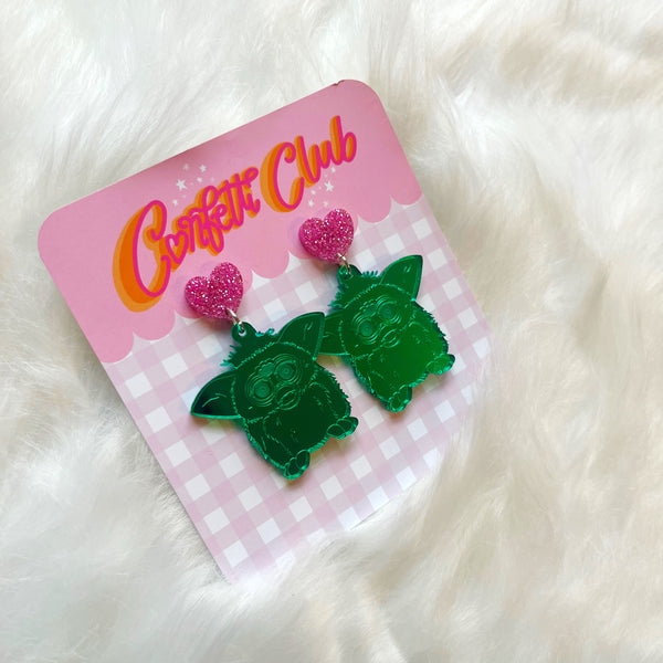 Green Furby Heart Earrings