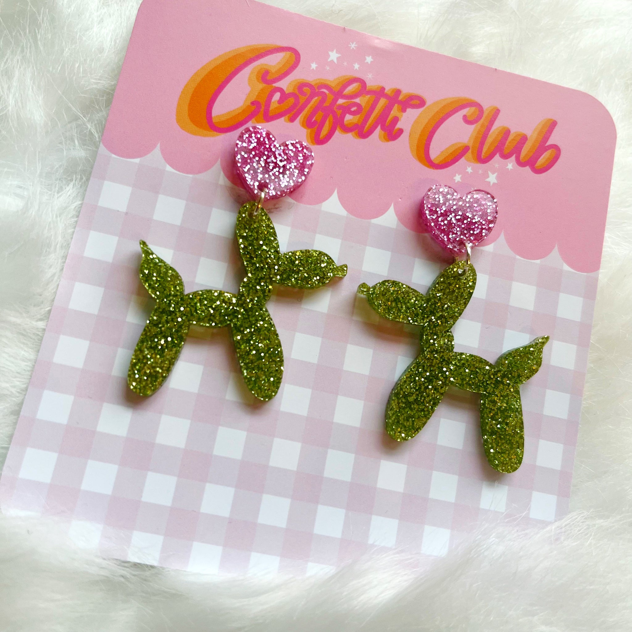 Green & Pink Glitter Balloon Dog Earrings