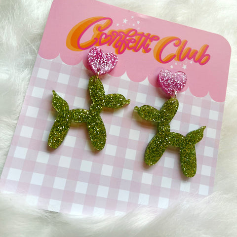 Green & Pink Glitter Balloon Dog Earrings