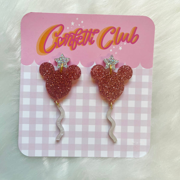 Mouse Balloon Dusky Pink Glitter Star Earrings