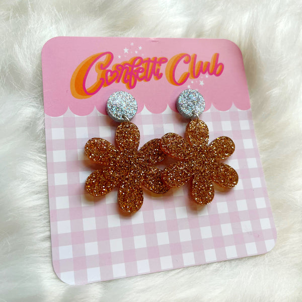 Gold Glitter Flower Earrings