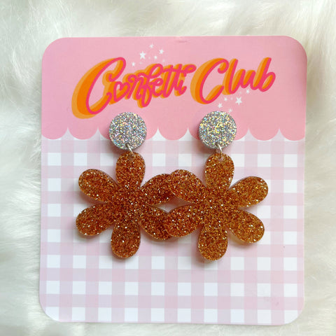 Gold Glitter Flower Earrings